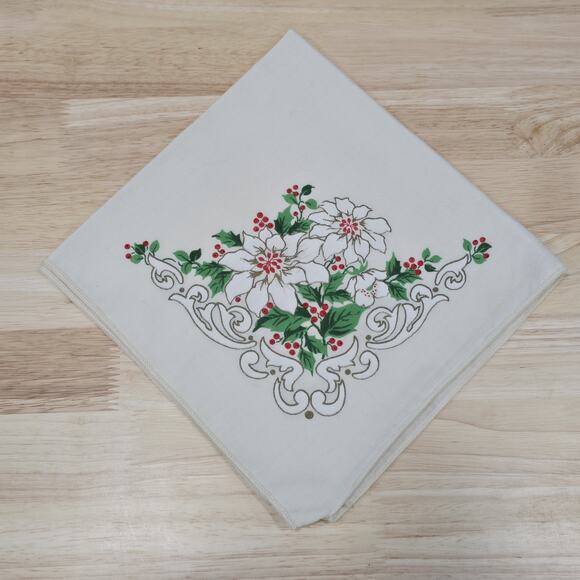 2 - Fabric Table Napkins Christmas Holly Berries Leaves White Poinsettia Flowers - Picture 6 of 15
